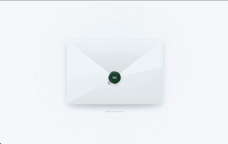 Ceremo opening animation: a wax-sealed envelope opens to reveal the couple's invitation page